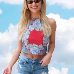 1988 one size poppy print reversible chambray halter top.